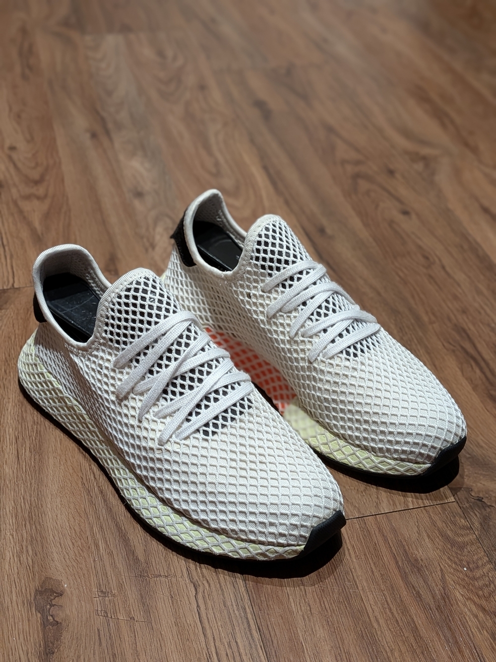 adidas White Mesh Sneakers with Black Heel and Pale Yellow Midsole